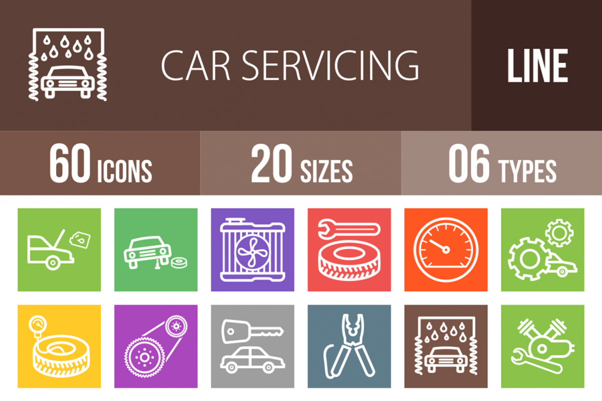 60 Car Servicing Line Multicolor B/G Icons example image 1