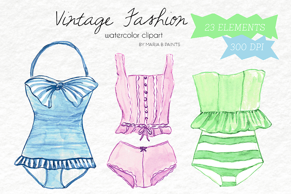 Watercolor Clip Art - Vintage Fashion example image 1