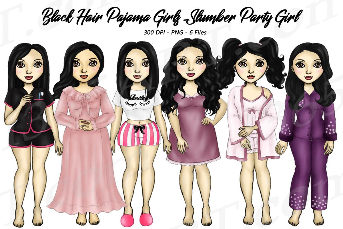Pajama Girls Slumber Party Black Hair Sleepover Clipart example image 1