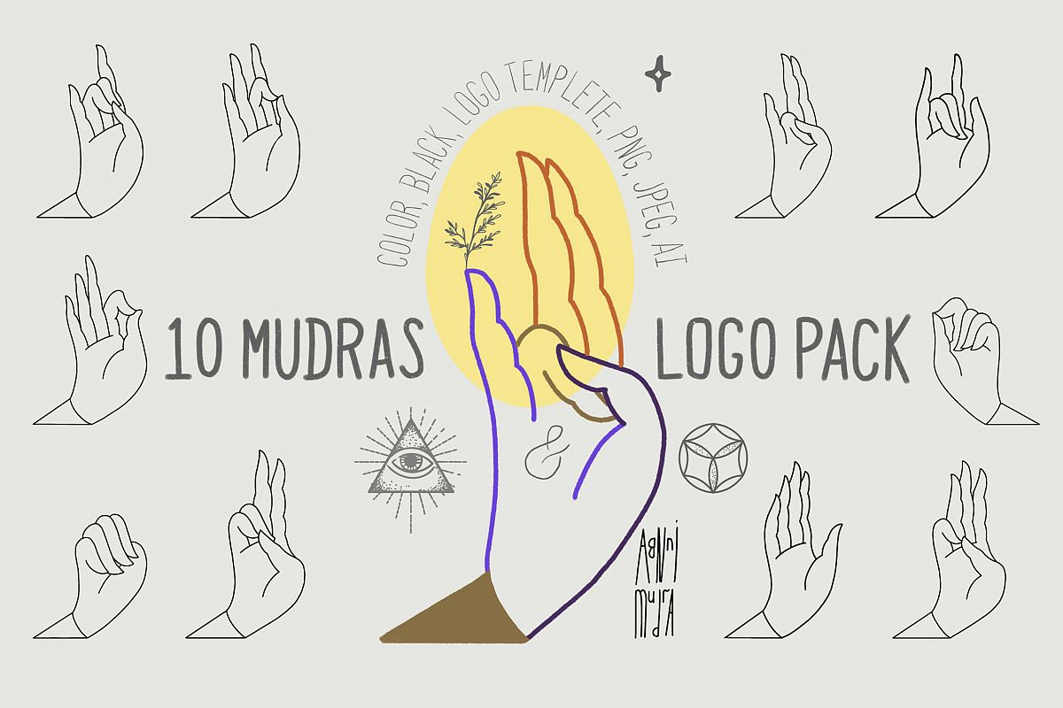 10 Mudras & Logo Pack. SVG/Ai/PNG example image 1