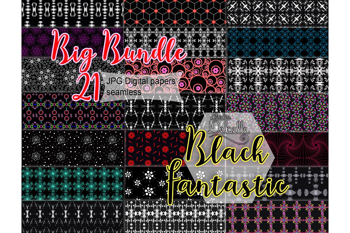 Big Bundle Black Fantastic - digital papers seamless patterns example image 1