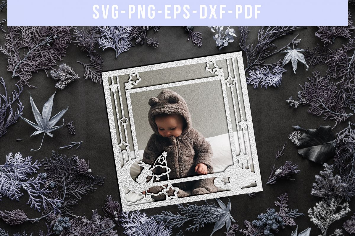 Square Photo Frame Papercut Template, Baby Cut File SVG, DXF example image 1