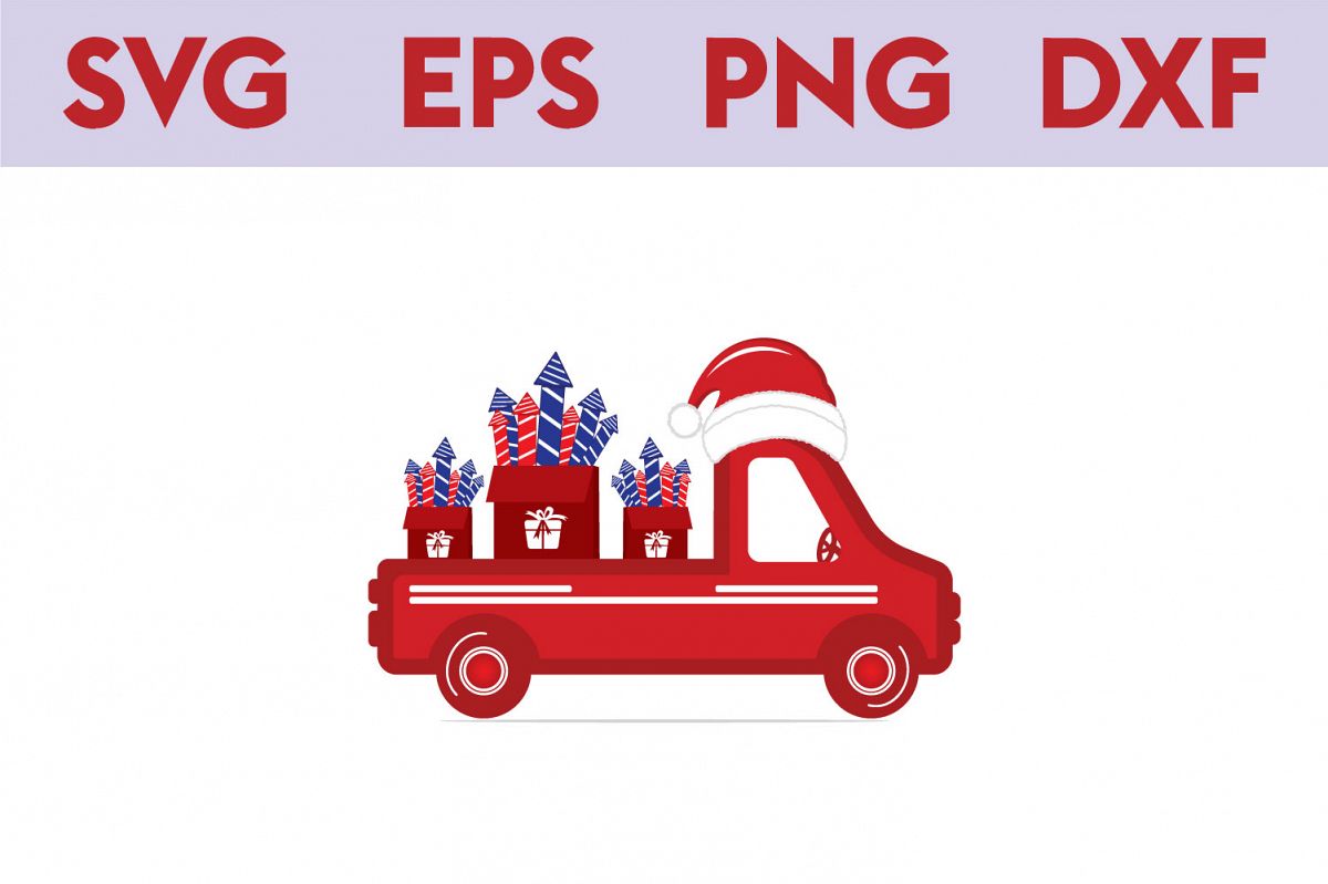 Old vintage red Christmas truck with fireworks and Santa hat example image 1
