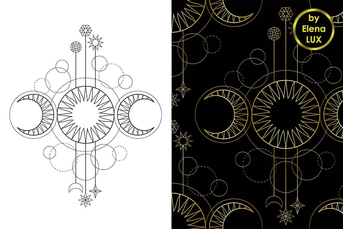 Triple Moon Tattoo Seamless Pattern Set example image 1