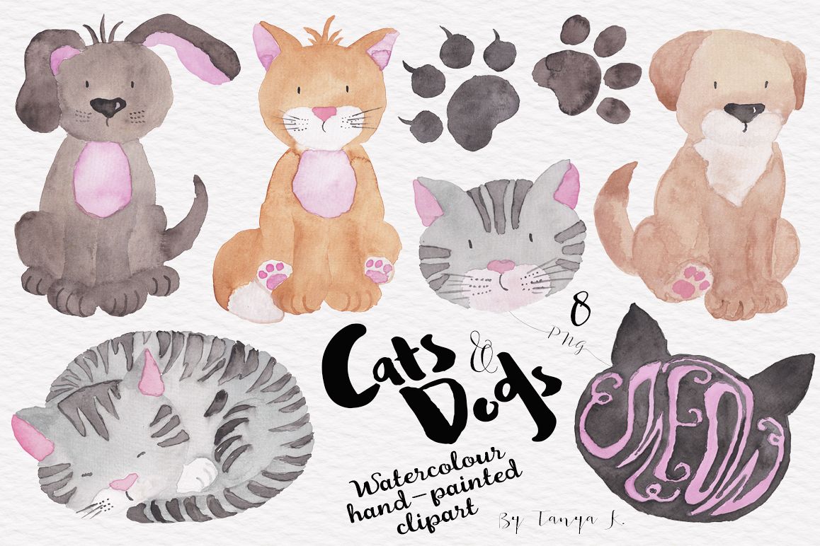 Cats and Dogs Watercolor Clipart example image 1
