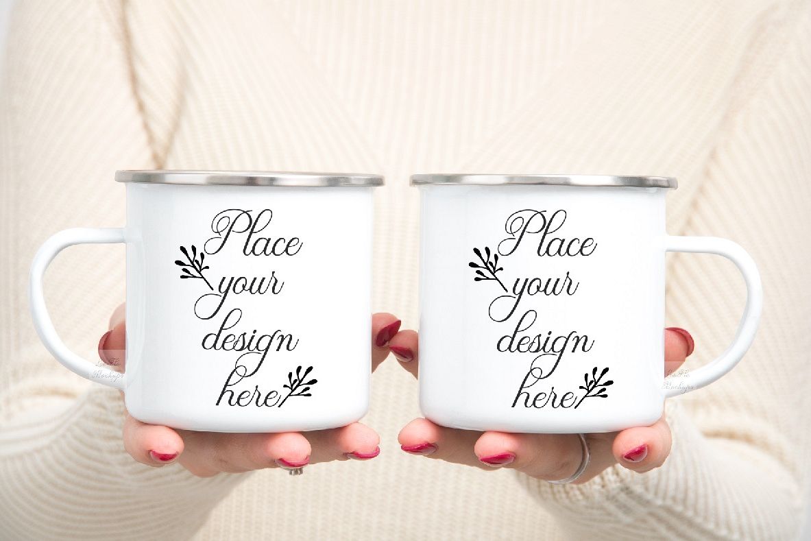 Download mug mockup woman two 2 enamel mugs camp PSD Camping mock up