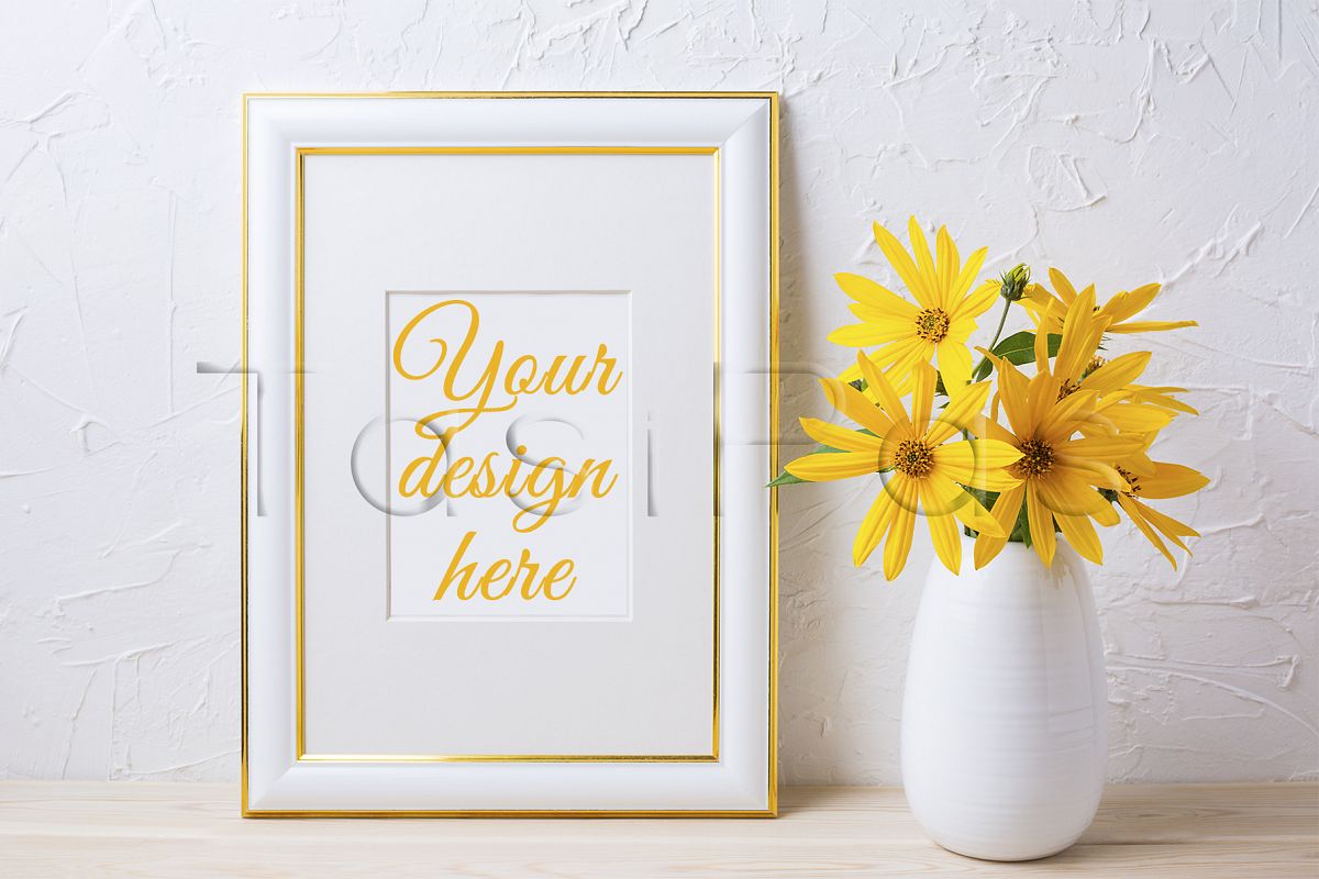Gold decorated frame mockup with yellow rosinweed flowers example image 1