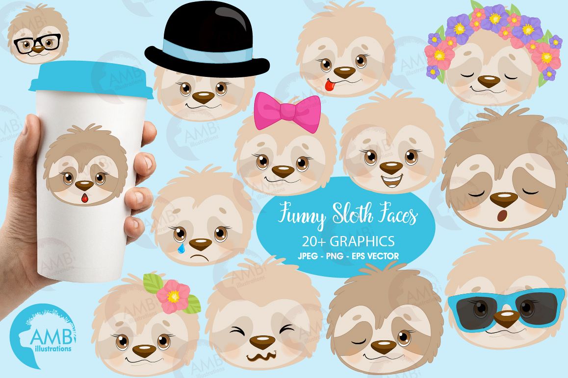 Sleepy Sloths clipart, Emoji sloth, sloth faces graphics, illustrations AMB-2203 example image 1