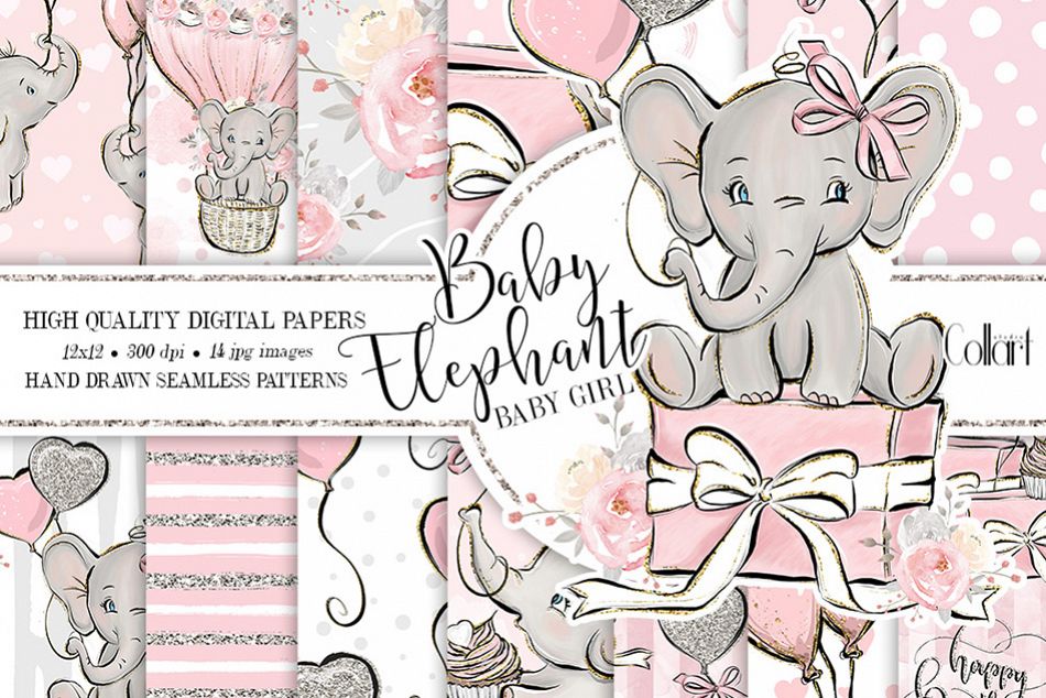 Elephant digital paper, baby girl papers, seamless patterns example image 1