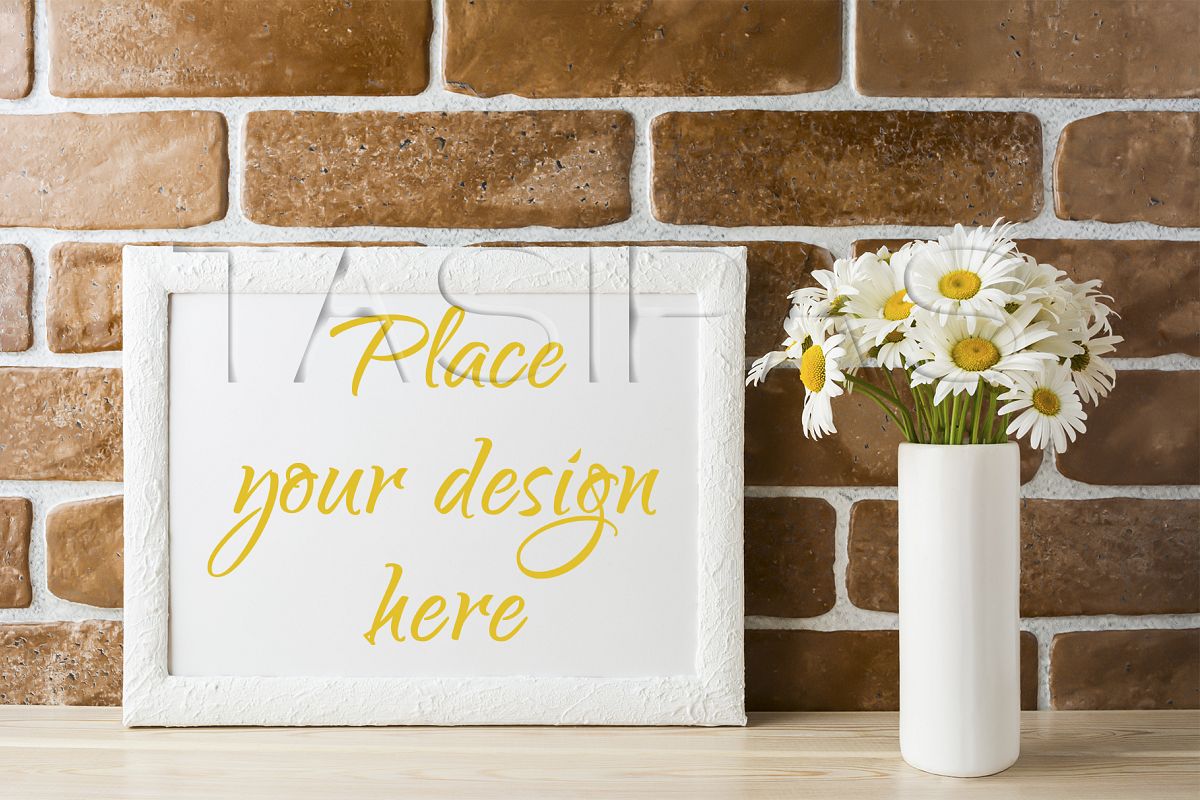 White landscape frame mockup with daisy bouquet in styled vase example image 1