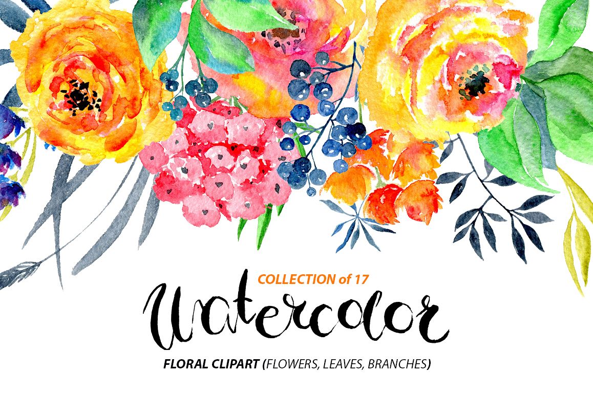 Watercolor flowers png clipart example image 1