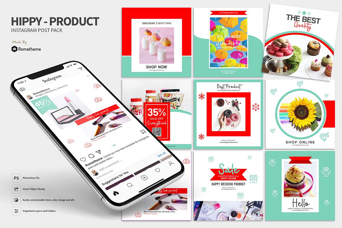 Hippy - Product Sale Instagram Post Pack HR example image 1
