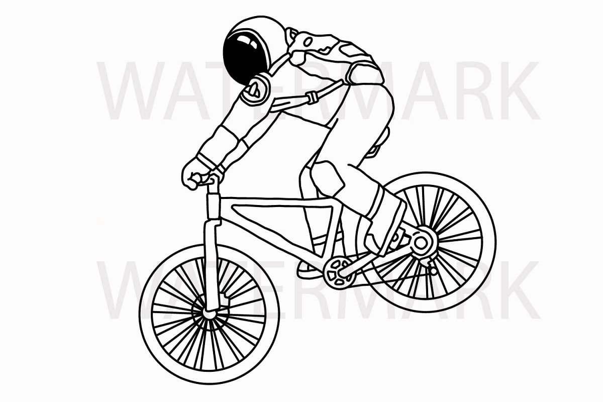 Astronaut on Mountain Bike Riding - with outline version - Color and Outline version - SVG/JPG/PNG Hand Drawing example image 1