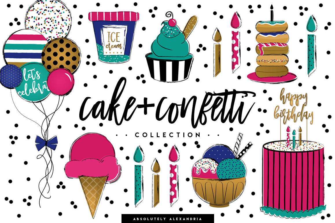 Cake + Confetti Clipart Illustrations & Seamless Digital Paper Patterns Bundle example image 1
