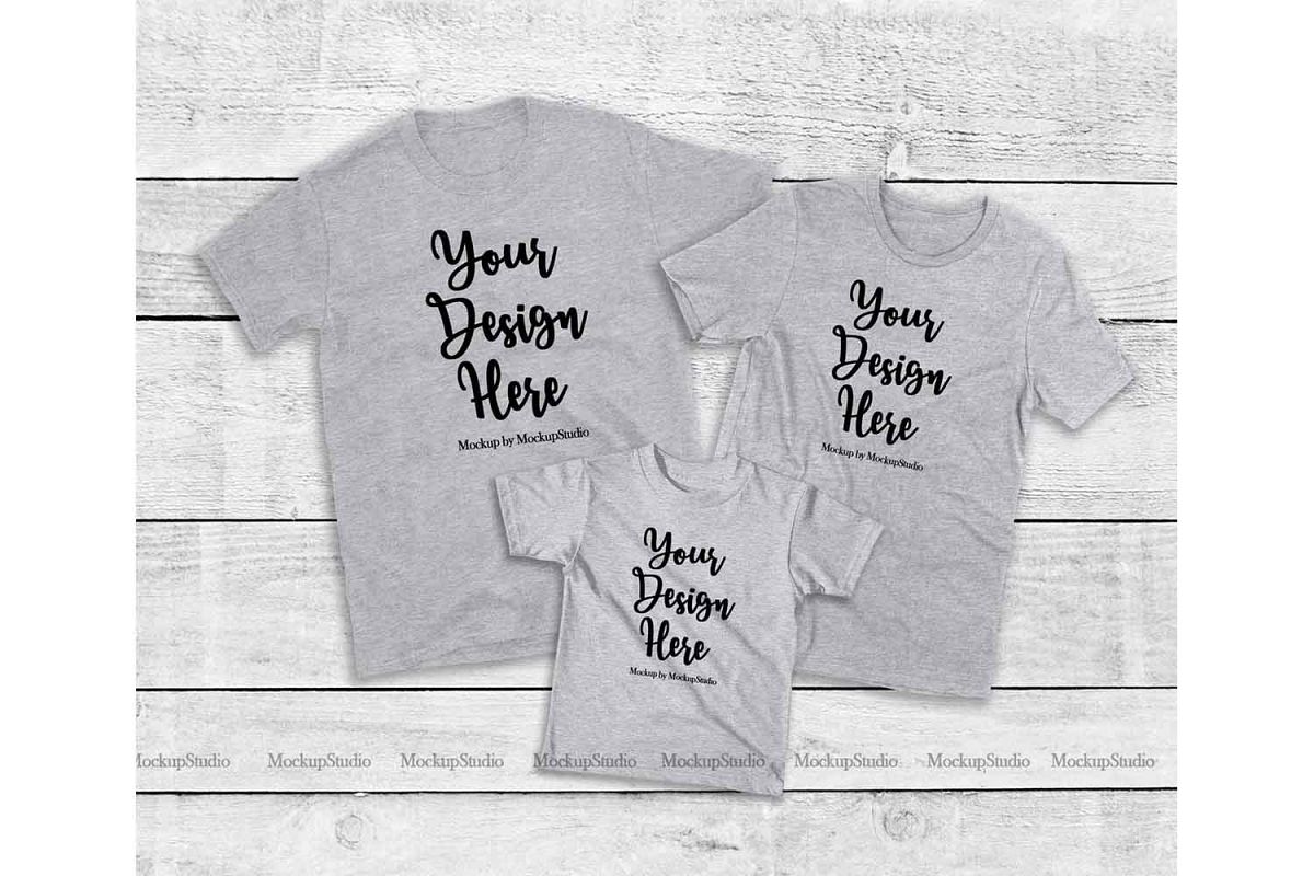 Matching Family Gray T-Shirts Mockup, Parents Kids Shirts example image 1