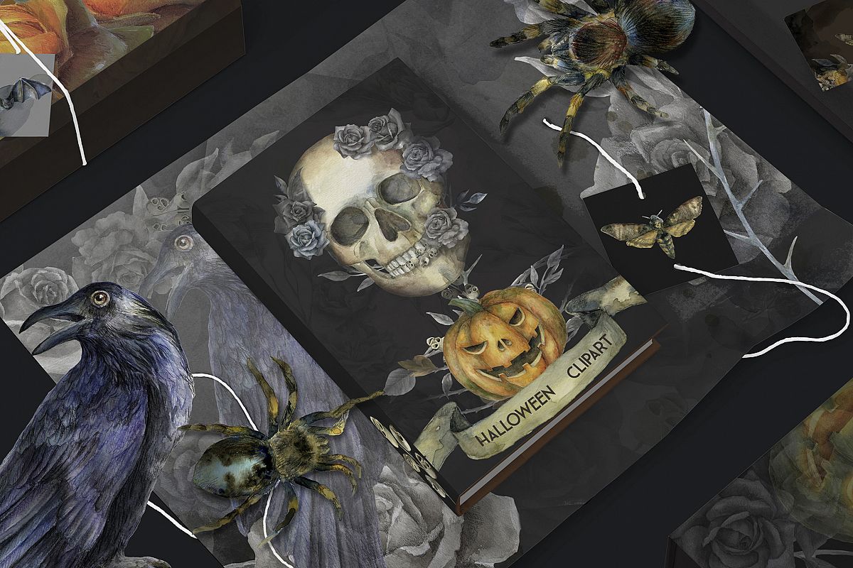 Halloween watercolor pack, Jack o Lantern pumpkin, wreath example image 1