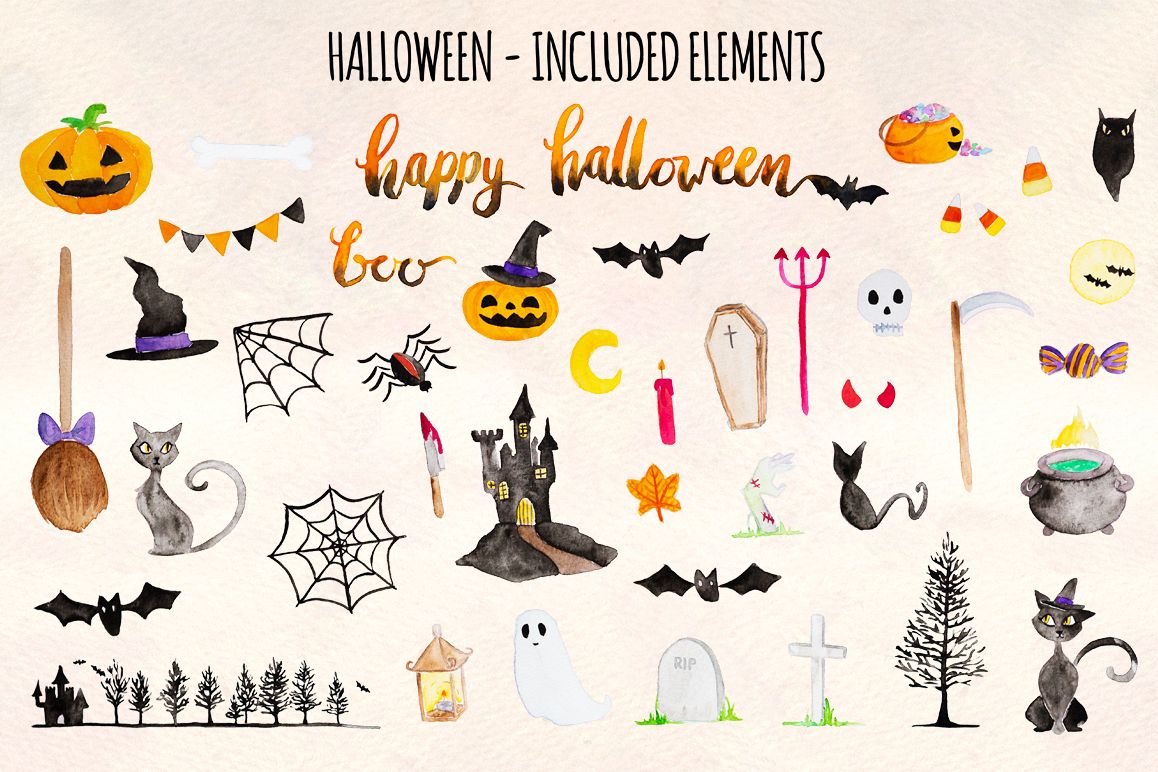 Happy Halloween 42 Cute Spooky Watercolor Elements example image 1
