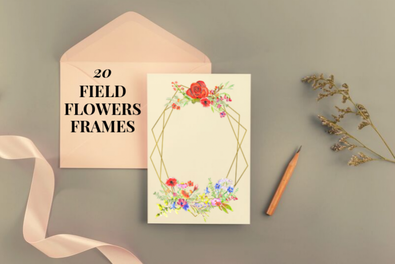 20 Geometric Framesw With Field Flowers, Poppy Wedding Frame example image 1