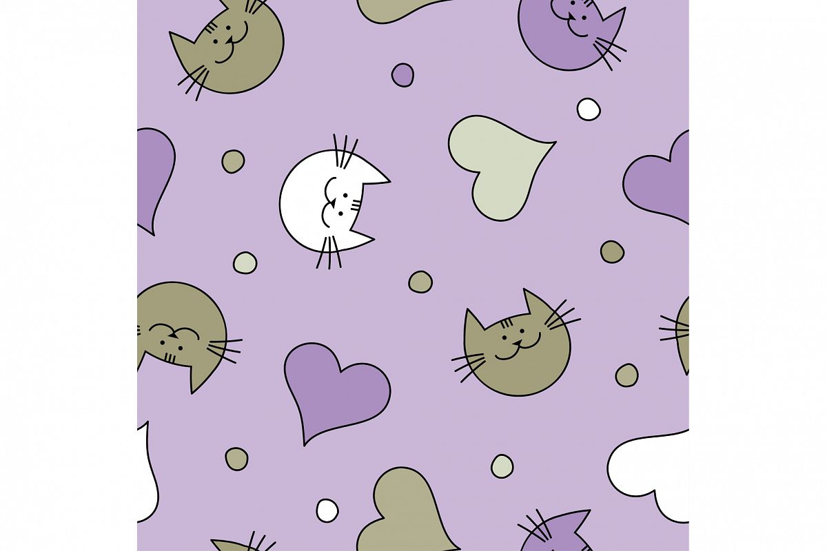 Seamless vector background with decorative cats and hearts. Print. Repeating background. Cloth design, wallpaper. example image 1