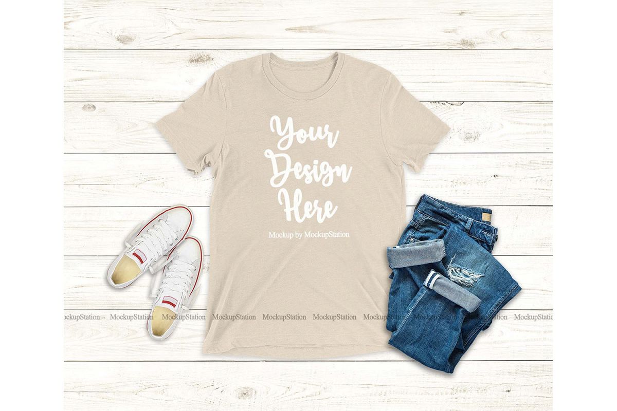 Bella Canvas 3413 Oatmeal Triblend Tshirt Mockup Flat Lay example image 1