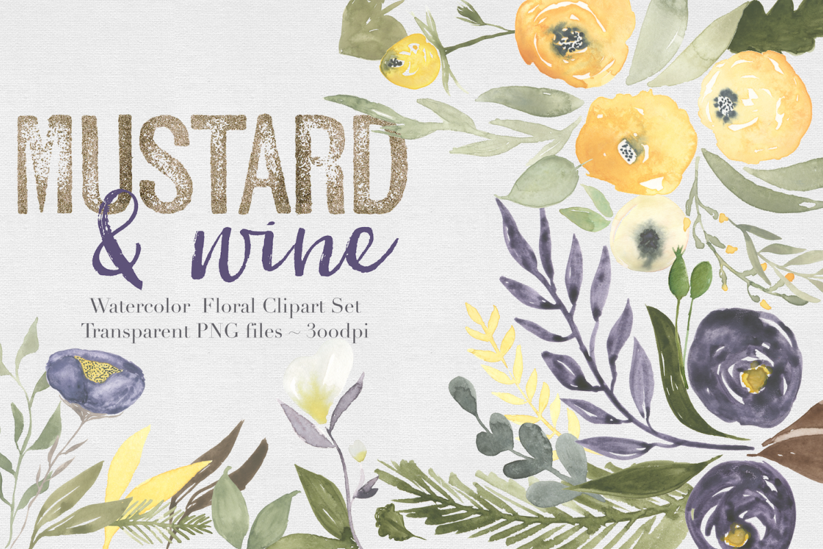 Mustard & wine Floral Clipart Set example image 1