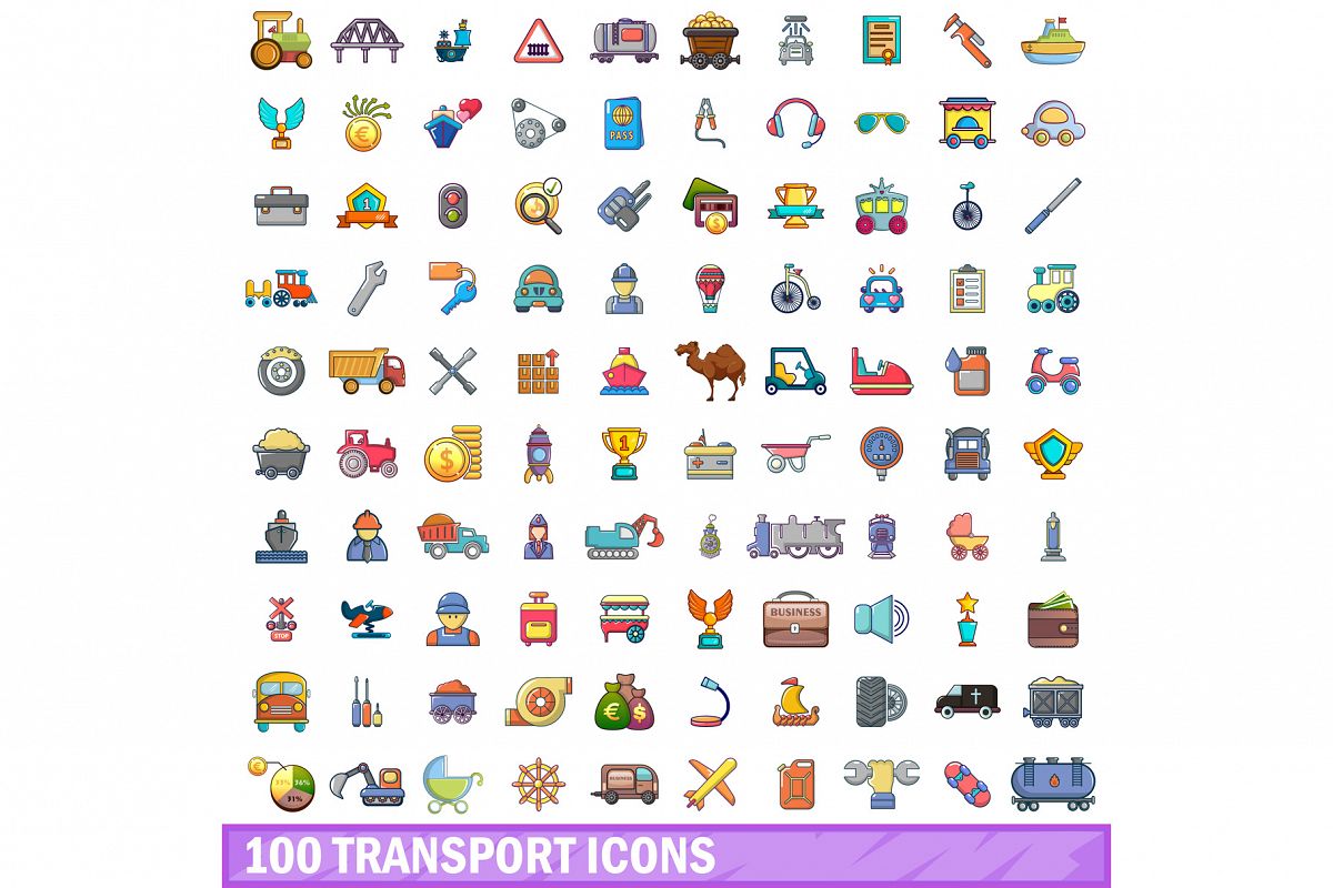 100 transport icons set, cartoon style example image 1