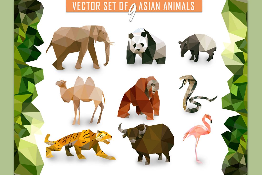 9 vector Asian animals in low poly style example image 1