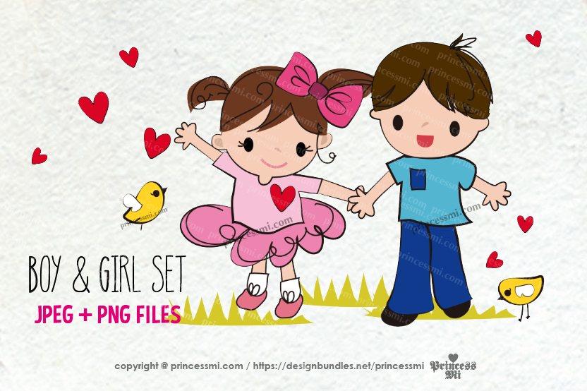 hand drawn boy and girl set, happy kids with birds example image 1