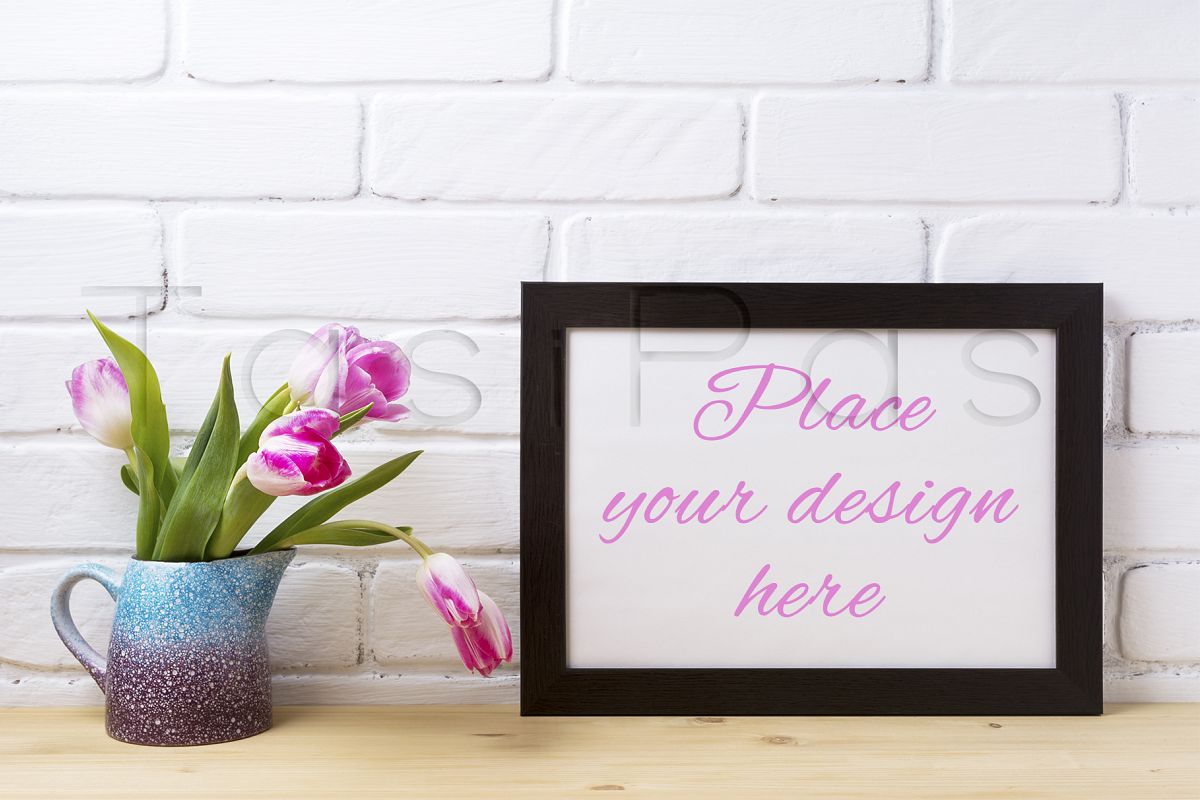 Download Black brown landscape frame mockup with pink tulip in ...