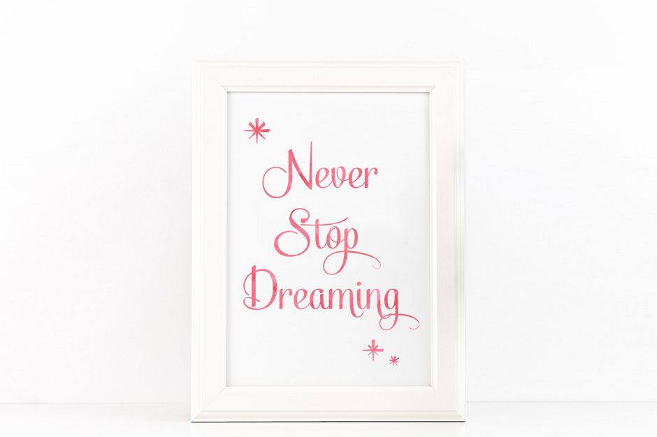 Never Stop Dreaming Poster Inspirational Quote to Print in Coral Pink Watercolor + SVG files example image 1