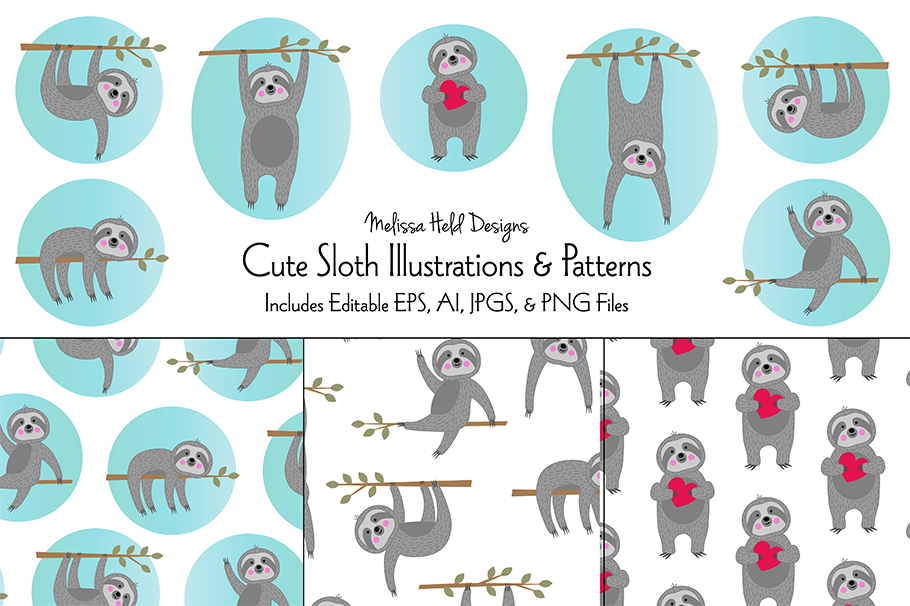 Cute Sloth Illustrations & Patterns example image 1