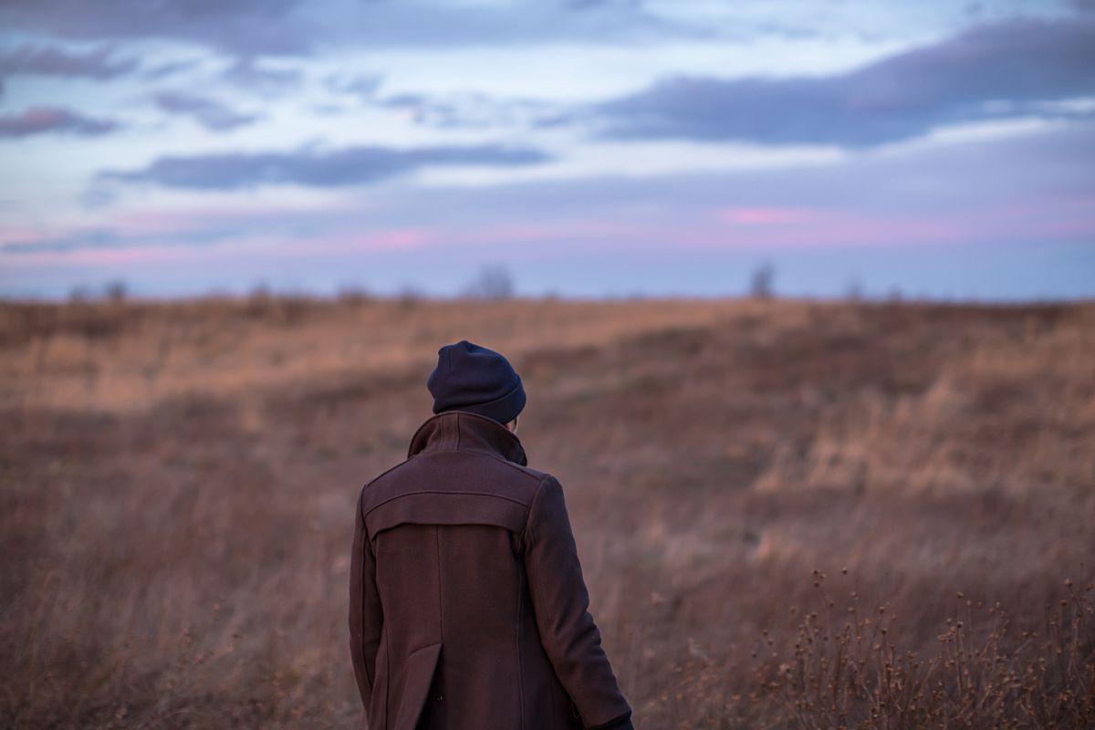 Man walking in the autumn field during sunset example image 1
