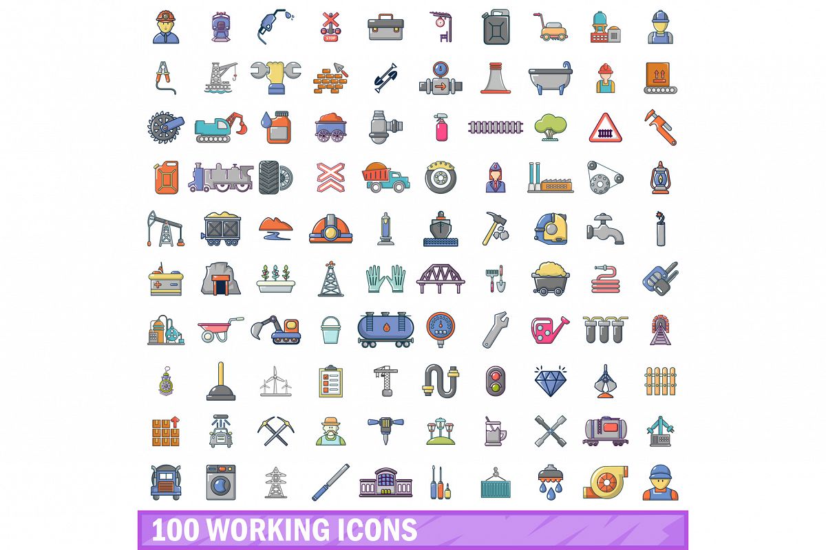 100 working icons set, cartoon style example image 1