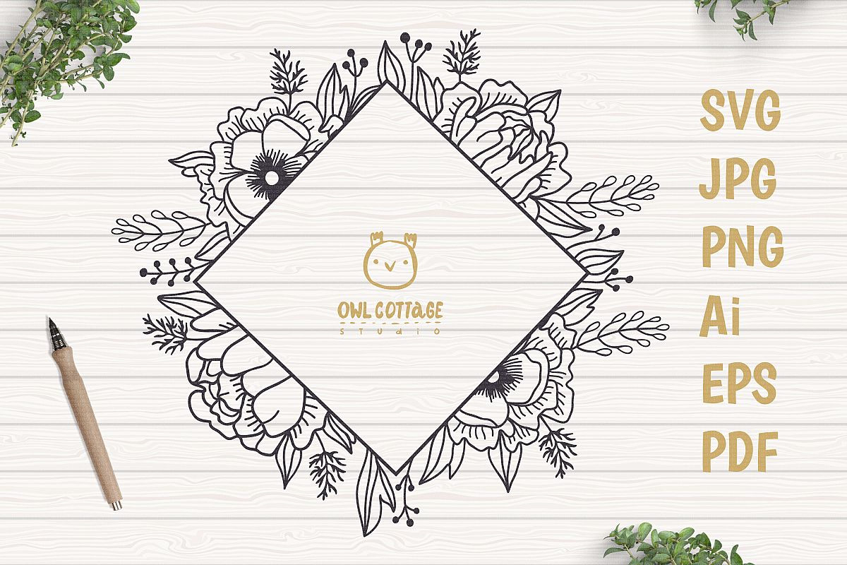 Download Square Flower Wreath SVG, Flower monogram cut file, Wedding