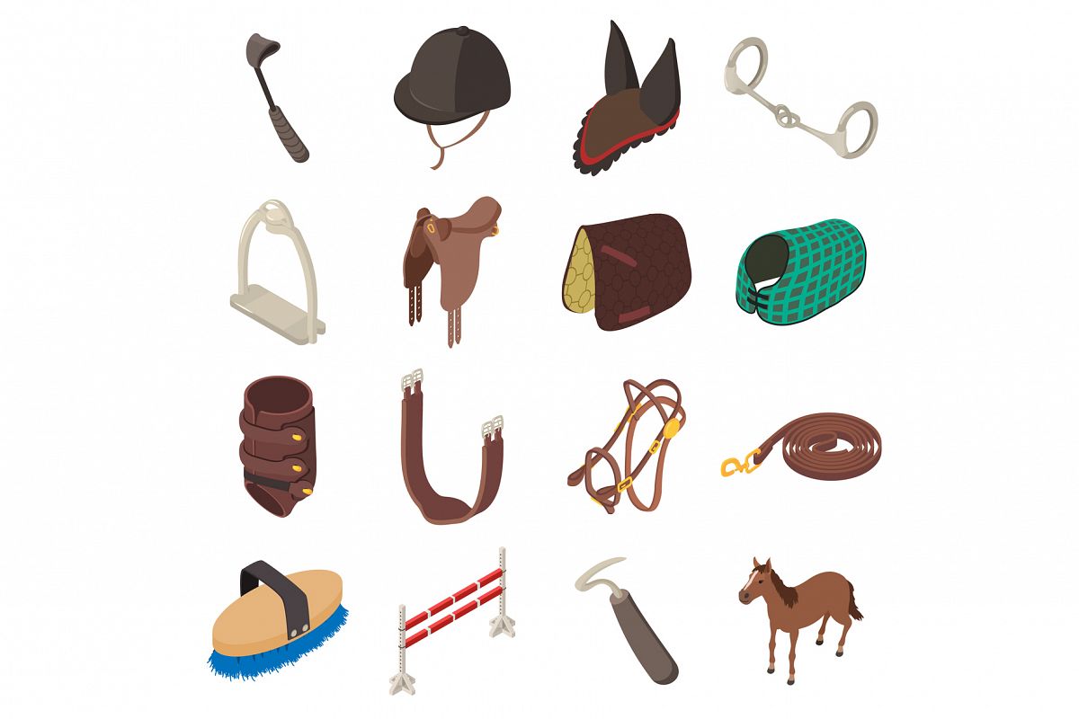 Horse sport equipment icons set, isometric style example image 1