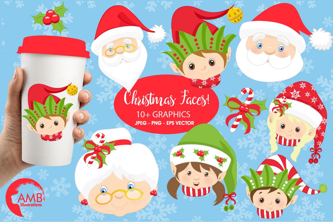 Santa Mama Claus Elves Snowmen Faces Clipart Graphics