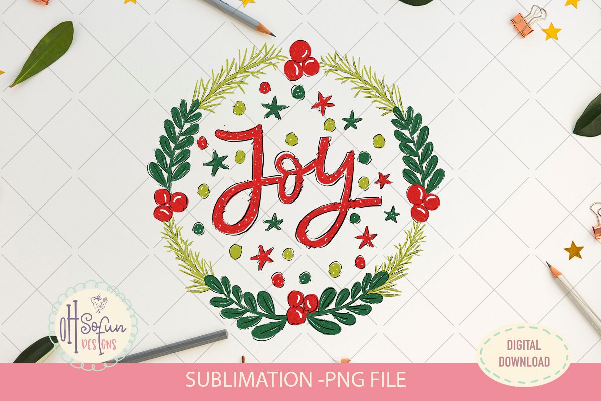 Joy christmas sublimation, christmas wreath doodle example image 1
