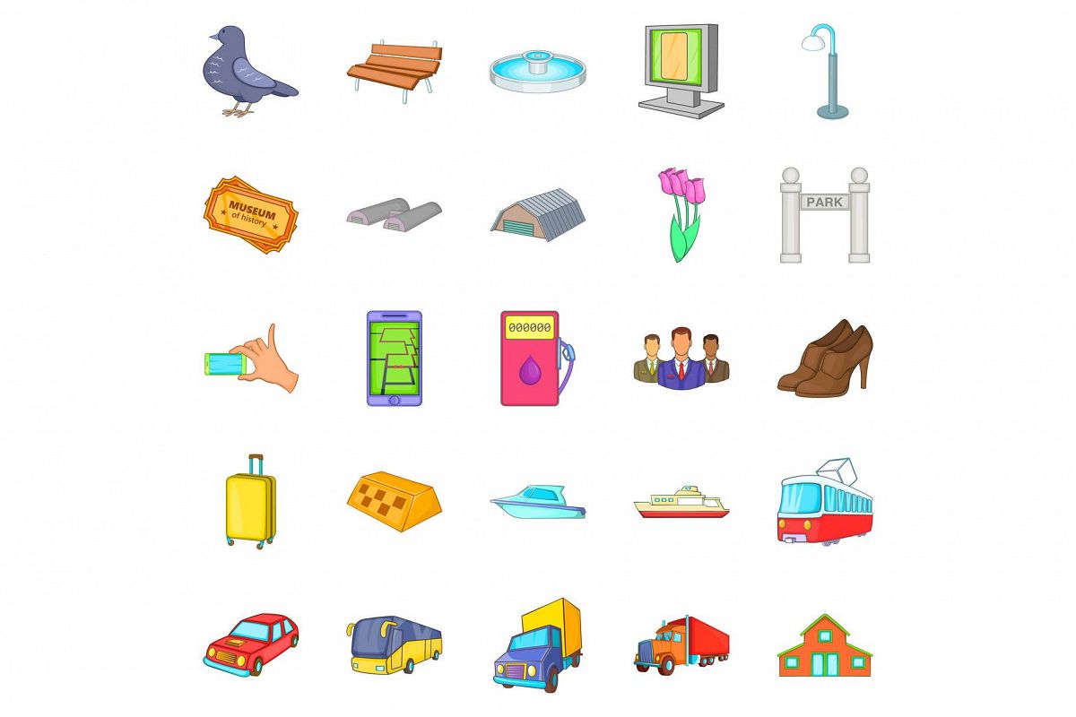 City transport icons set, cartoon style example image 1