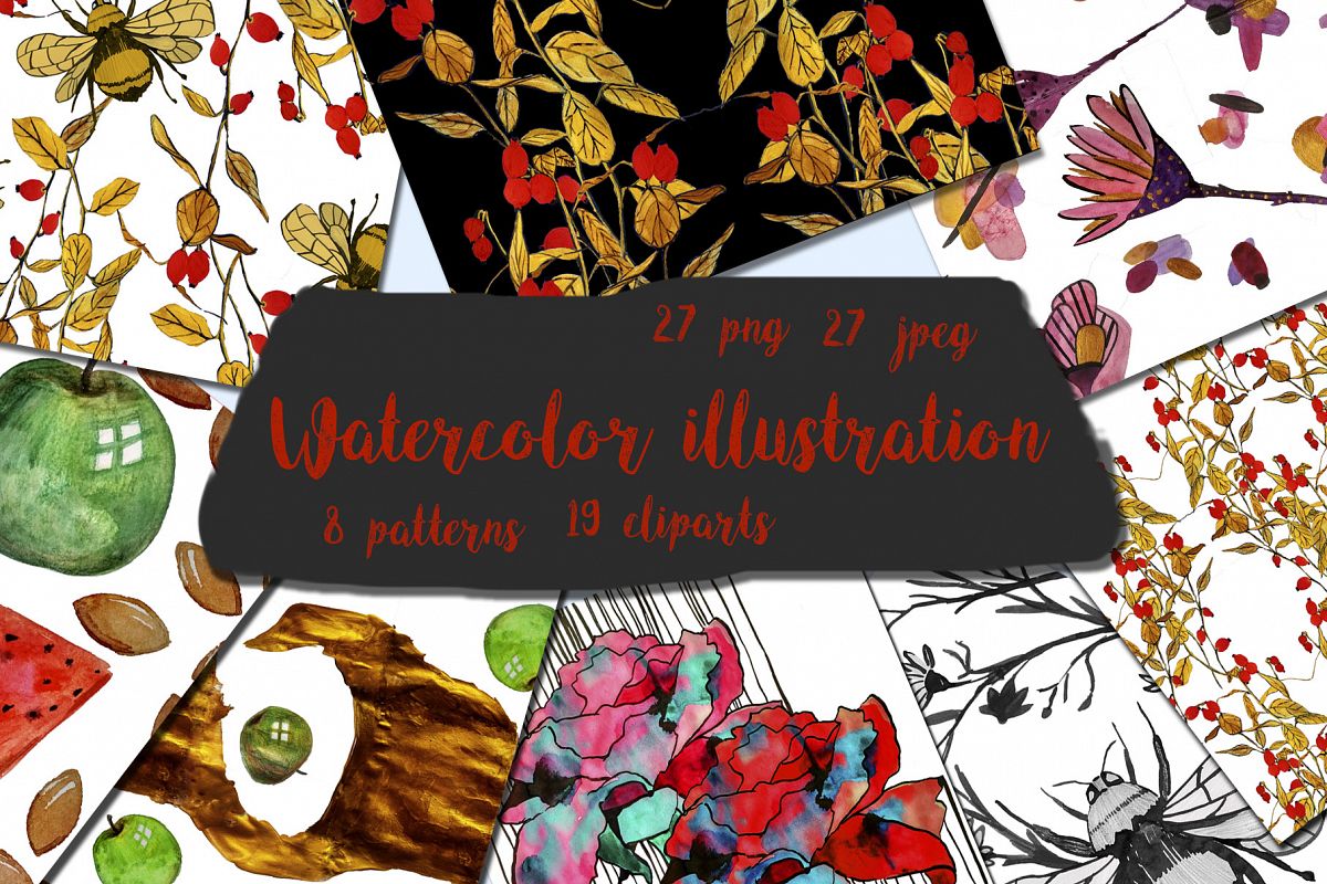 Colorful watercolor illustration. Patterns and elements example image 1