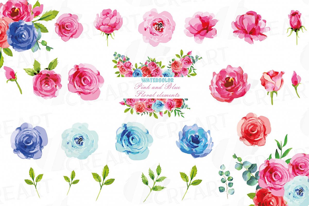 Watercolor Pink and Blue Roses and leafs clip art pack, png example image 1