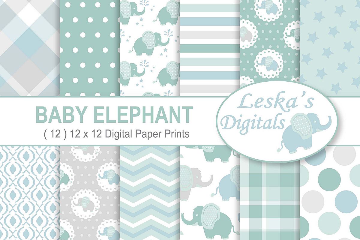 Baby Elephant Digital Paper Patterns - Green example image 1