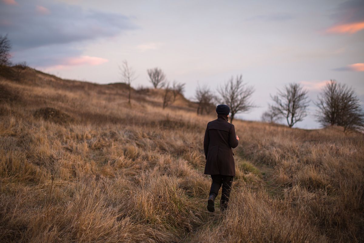 Man walking in the field with trees during sunset example image 1