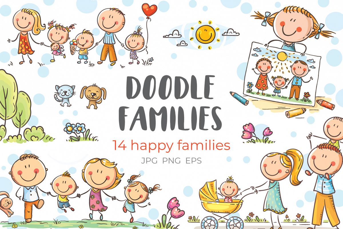 Happy doodle families bundle, vector example image 1