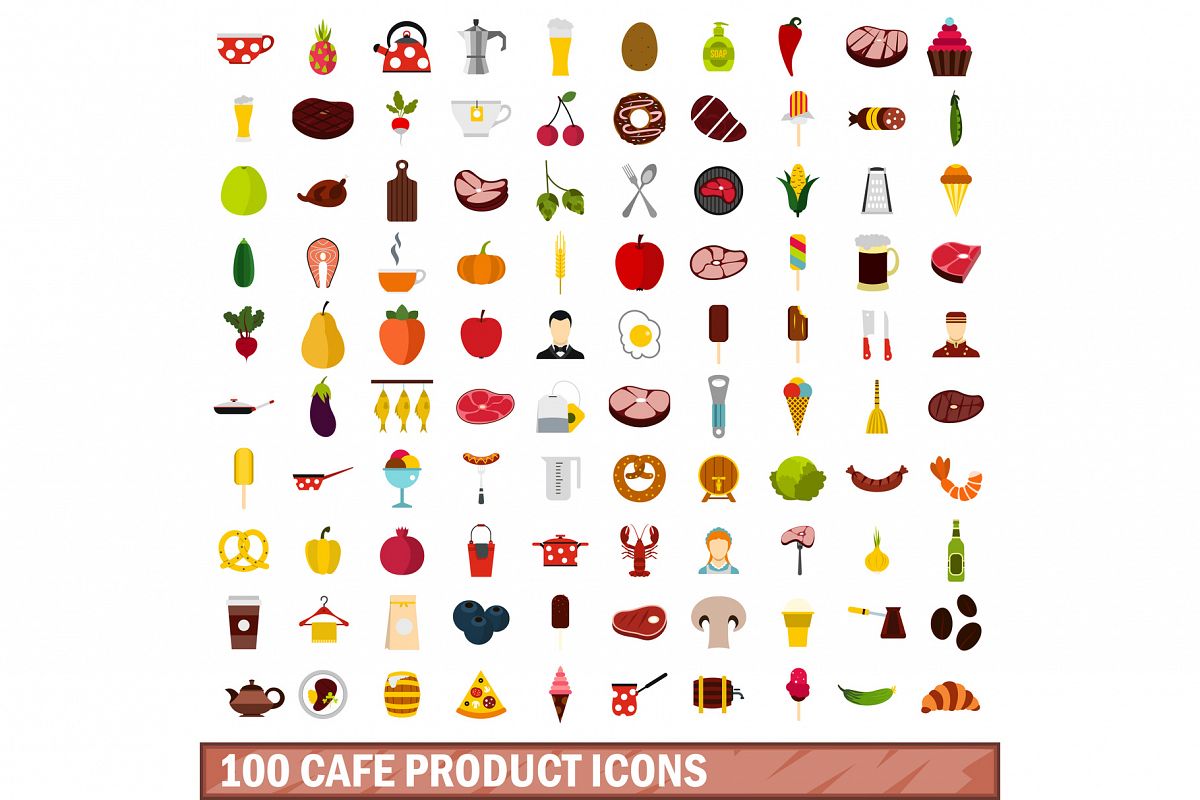 100 cafe product icons set, flat style example image 1