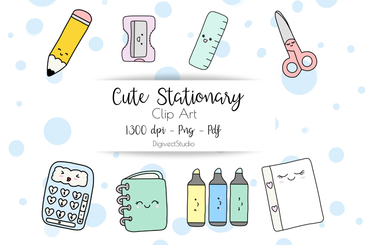 Stationary Clipart set Kawaii Style