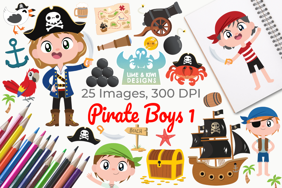 Pirate Boys 1 Clipart, Instant Download Vector Art example image 1