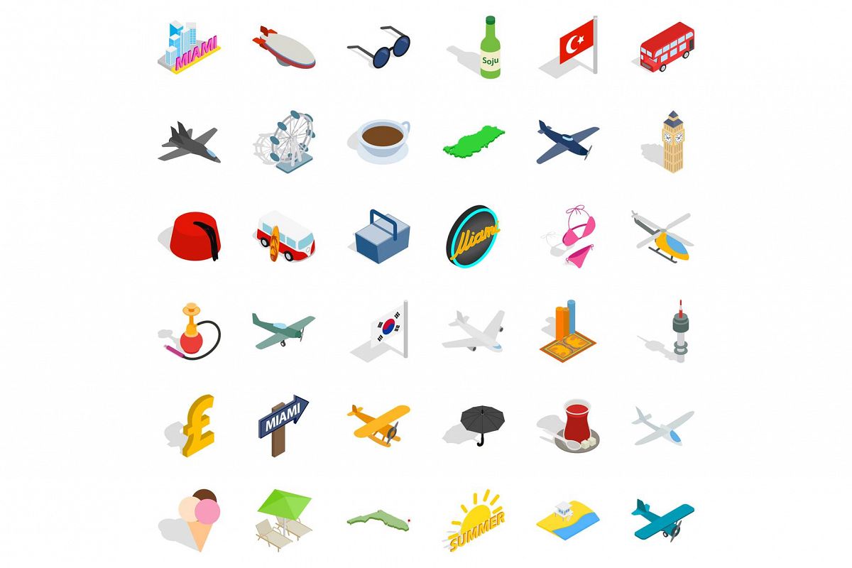 Plane travel icons set, isometric style example image 1