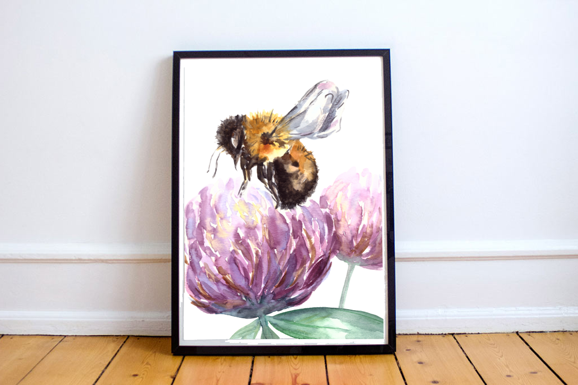 Watercolor Bumblebee & Clover Clip Art + Print example image 1