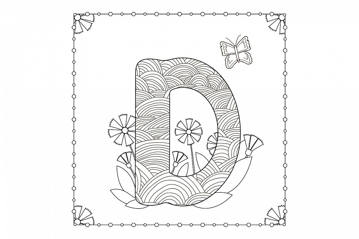 Letter D. Flowers. Coloring page. example image 1