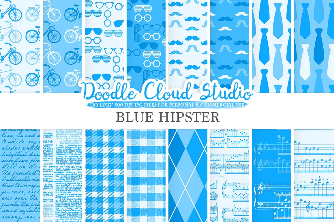 Blue Hipster digital paper, Vintage Father's day tie mustaches bikes music glasses plaid pattern, Instant Download Personal & Commercial Use example image 1